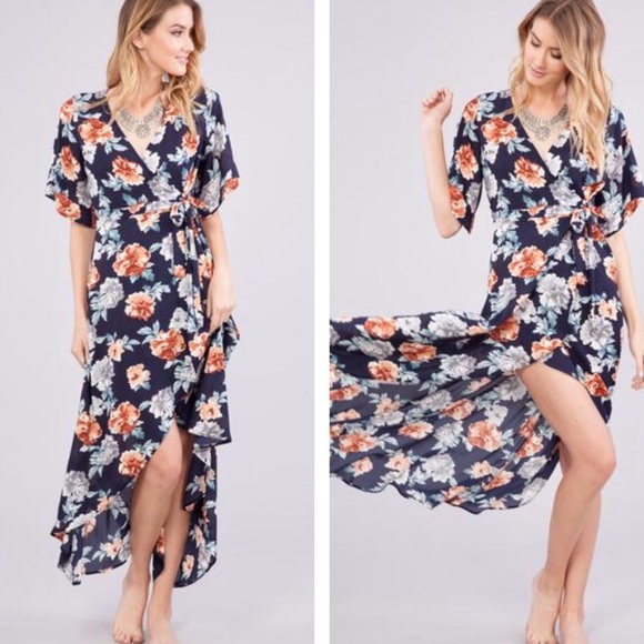 Dresses | Navy Blue Floral Print Wrap Maxi Dress | Poshmark